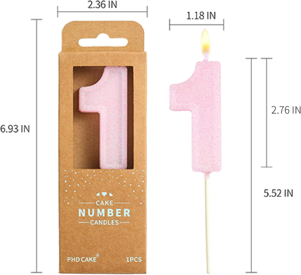 PHD CAKE 2.76 Inch Luxe Pink Glitter 1 Number Birthday Candles, Pink Number Candles, Cake Number Candles, Party Celebration