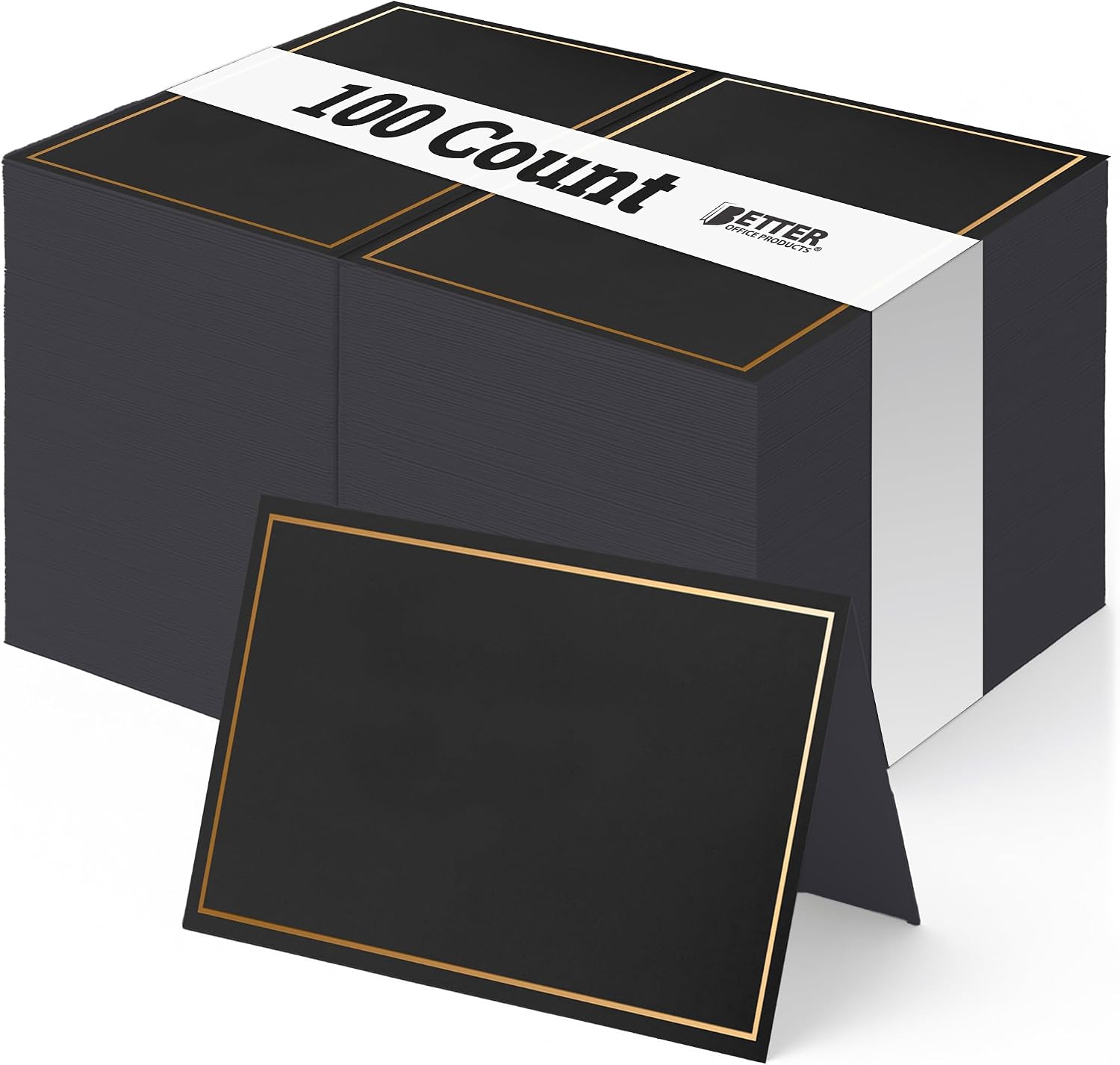 Better Office Products 100 Pack Gold Metallic Border Place Cards, 2 x 3.5 in, Folded Table Tent Cards for Weddings, Dinner Parties, Buffet Banquets,(Black)