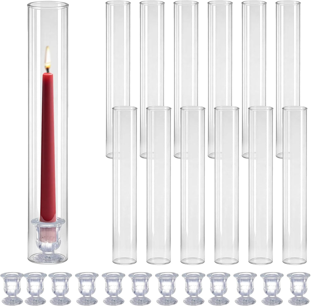 Glass Hurricane Candle Holders – 12 Clear Cylinder Covers & 12 Taper Candlestick Holders, 2.6" D x 13.8" H Windproof Candle Holders for Wedding, Patio Table, Outdoor Christmas Party Décor (12)