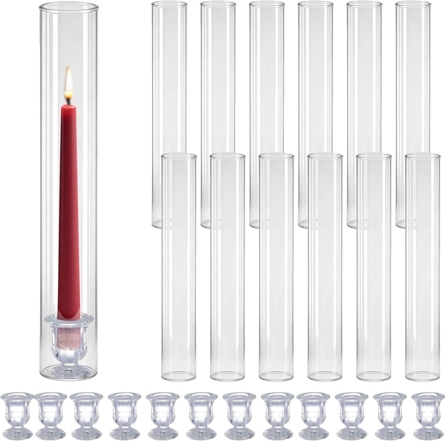 Glass Hurricane Candle Holders – 12 Clear Cylinder Covers & 12 Taper Candlestick Holders, 2.6" D x 13.8" H Windproof Candle Holders for Wedding, Patio Table, Outdoor Christmas Party Décor (12)