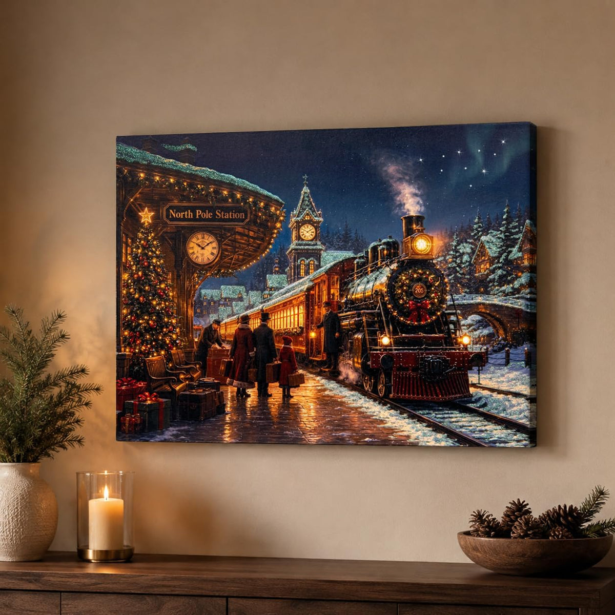 christmas lighted canvas wall art, north pole train, main product view