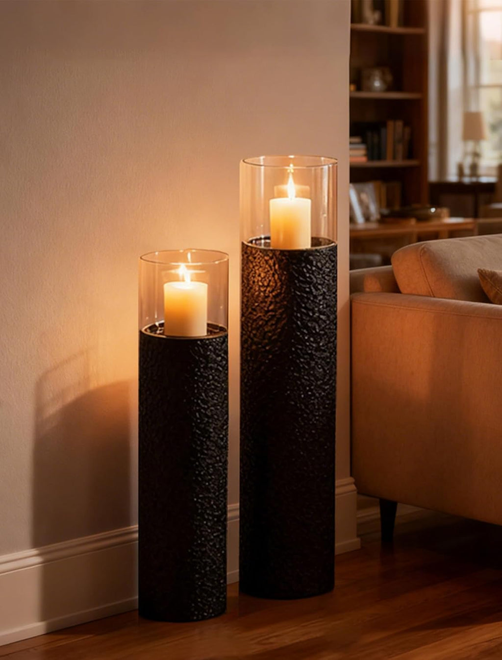 Sziqiqi Tall Floor Candle Holders: 34/27 inch Hurricane Pillar Candleholders Set of 2 for Home Decor - Large Black Cylinder Candle Stand for Outdoor Porch Living Room Fireplace