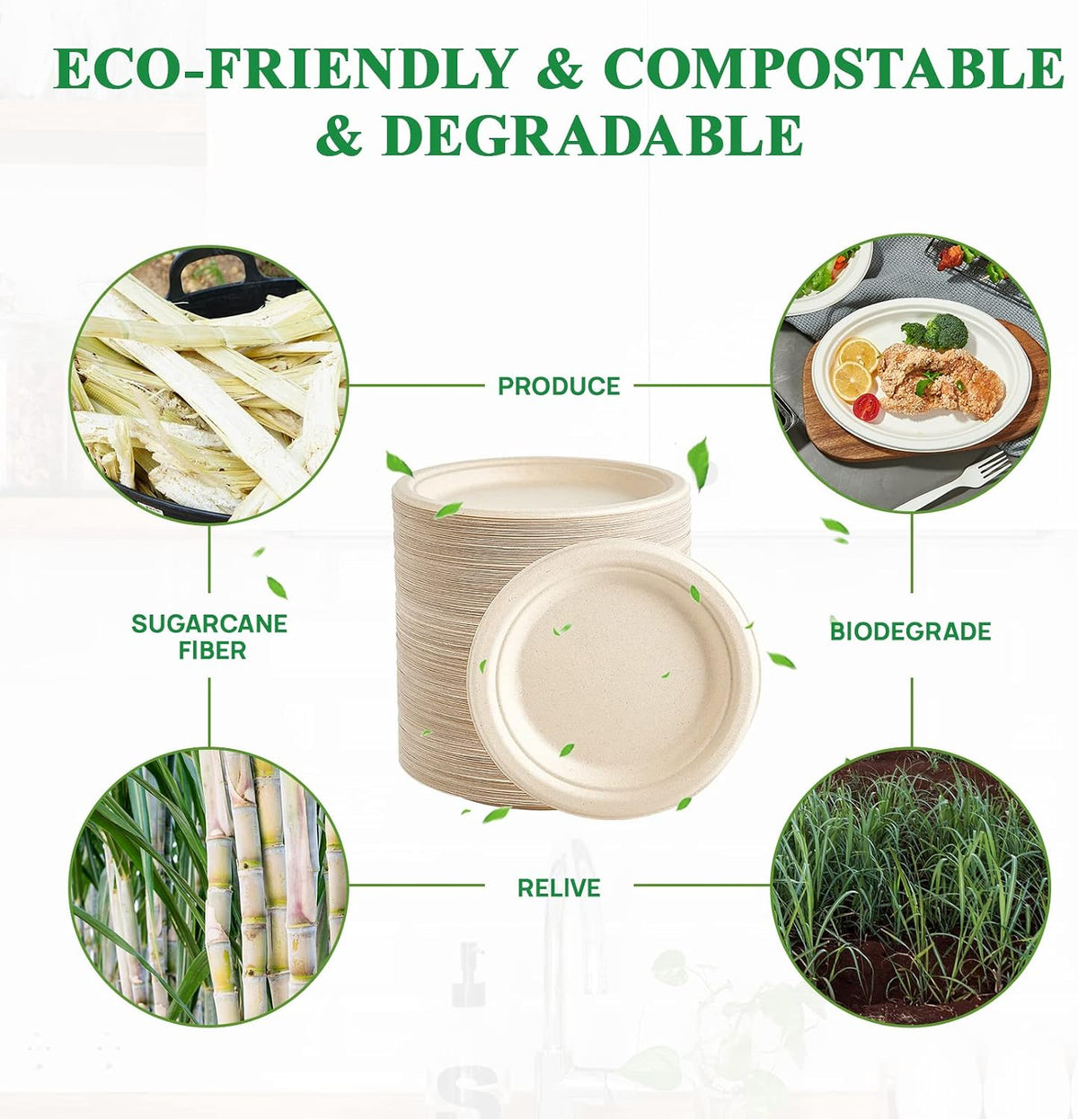 Vplus 350 Pack Compostable Bagasse Paper Plates 6.9 inch, Nature