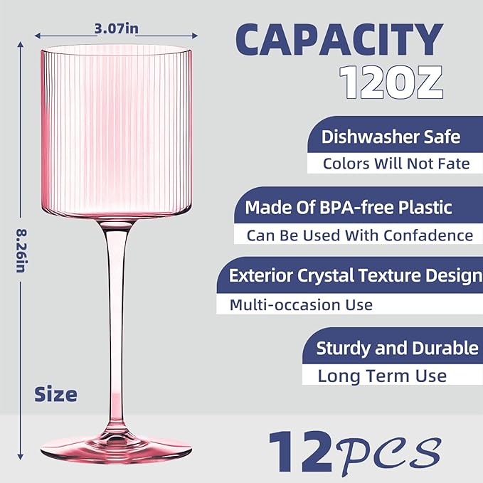 Plastic Goblets Wine Glasses - 12Oz Acrylic Wine Glasses Origami Unbreakable Clear Plastic Cocktail Glasses Recyclable Shatterproof Reusable Wine Cups for Parties & Weddings (Pink)