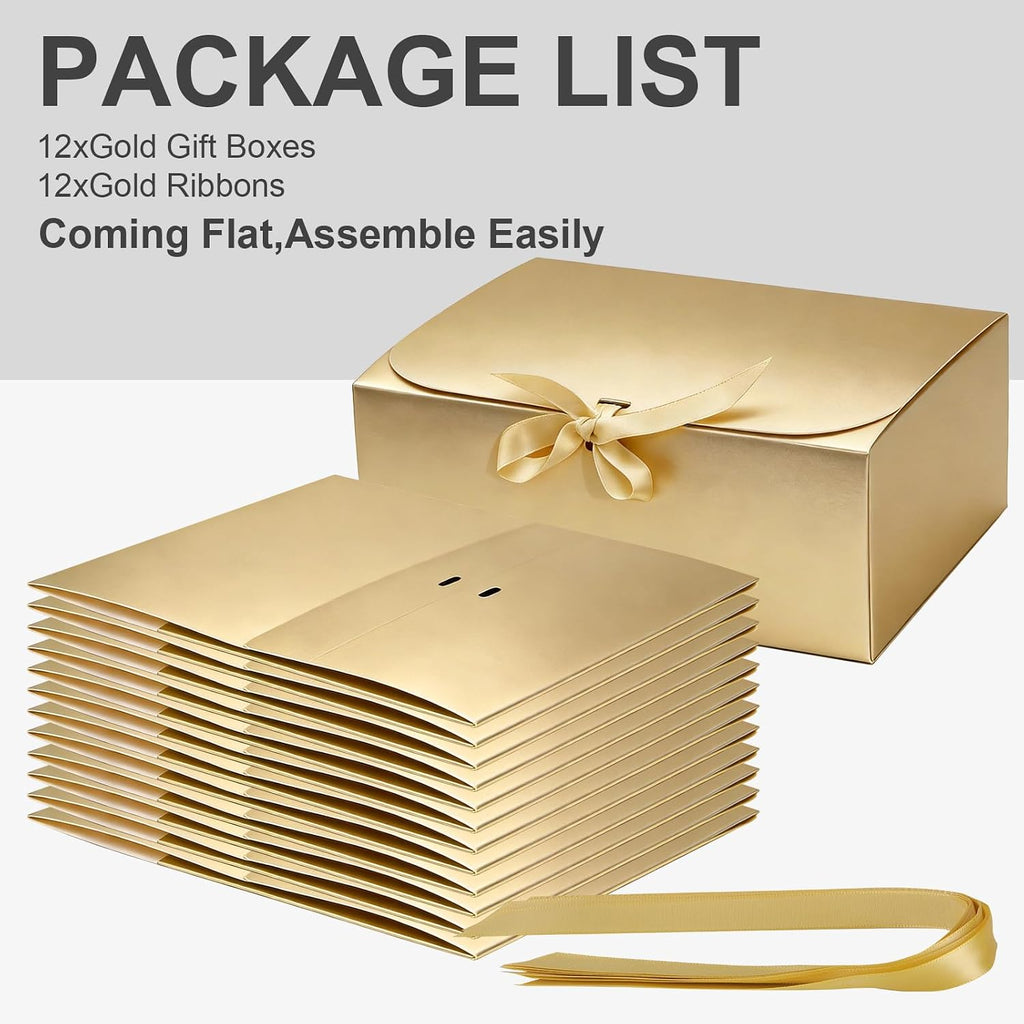 LWYMX 12 PCS Gold Gift Boxes with Lids，9.8x7.8x3.9, Bridesmaid Proposal Box with Ribbon, Gift Boxes for Wedding, Christmas, Valentine's Day,Birthday,Baby Shower and the other Parties