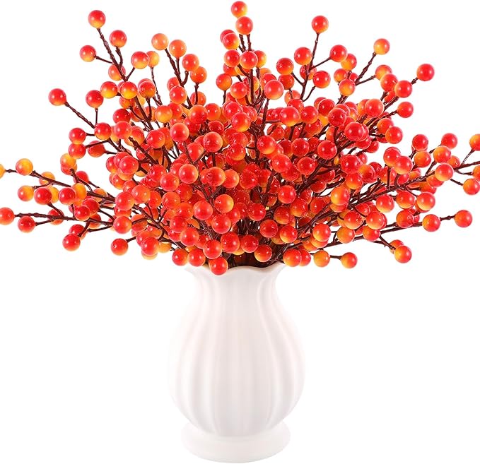 40 Pcs Artificial Berry Stems Branches, Fall Halloween Faux Holly Berries Picks and Sprays Ornaments for Thanksgiving Wreath DIY Craft Decorations Holiday Home Decor (40, Orange)
