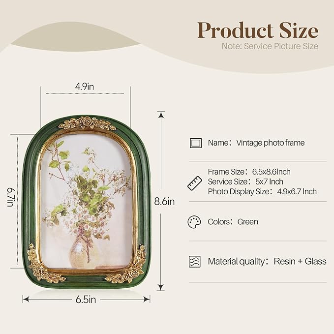 Cuspin Vintage 5x7 Picture Frame, Ornate Gold Green Arch Frames Resin Photo Frame with Glass Front for Tabletop or Wall Display, Antique Decorative Frame for Home Decor or Gift