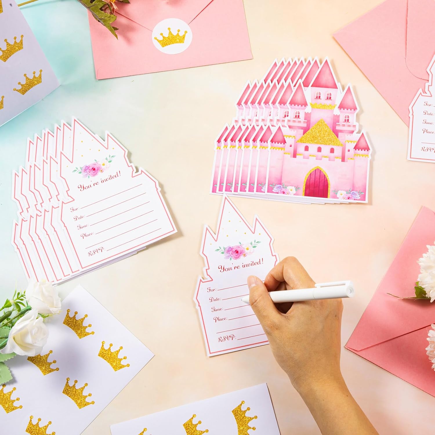 30 Sets Pink Castles Birthday Invitations with Envelopes Stickers Themed Invitations for Girl Boy Birthday Party Supplies Decoration