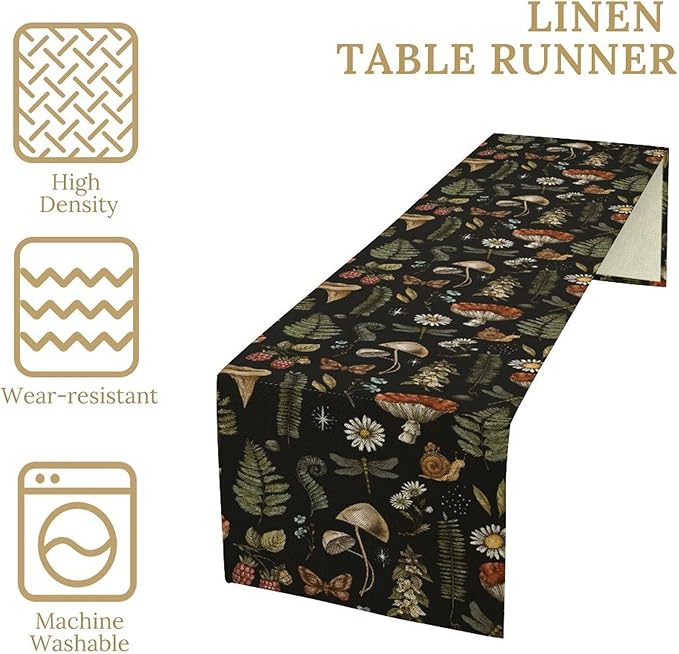 Mushroom Table Runner,Retro Forest Plant Table Runner for Kitchen Dining Table Home Party Decoration 13x90 Inch