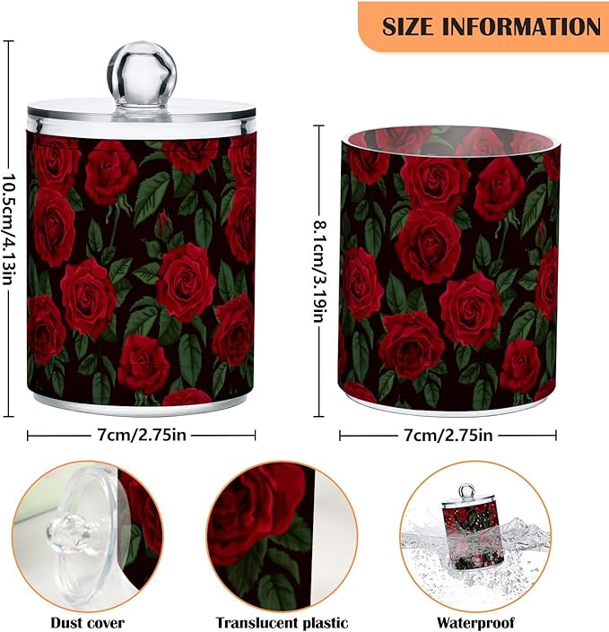 Gredecor Qtip Holder Dispenser 2 Pack Red Rose Flowers Leaves Bathroom Decorative Storage Canister Holder Counter Vanity Organizer for Cotton Ball Swabs Pads Floss