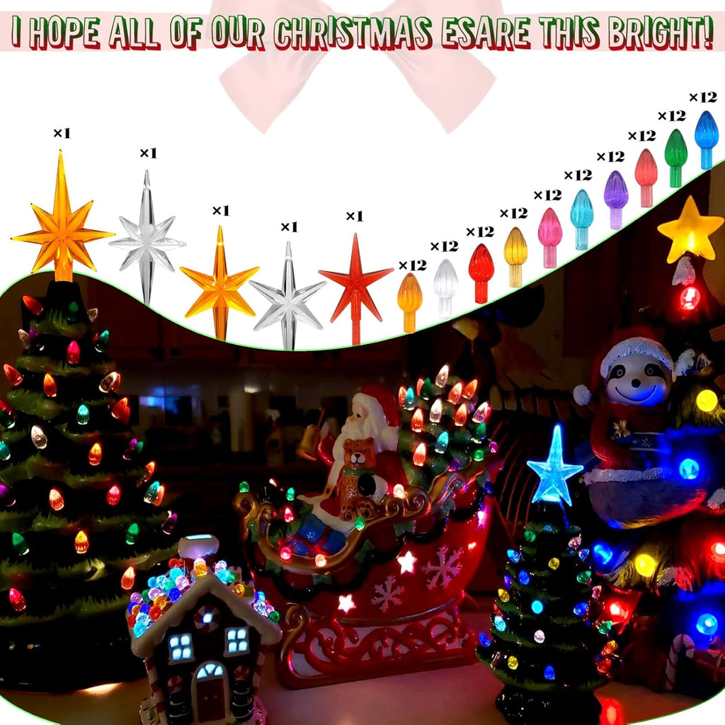 Ceramic Christmas Tree Replacement Lights/Bulbs, Ceramic Tree Medium Multicolor Twist Light Ornaments(117 Bulbs+5 Topper Star)