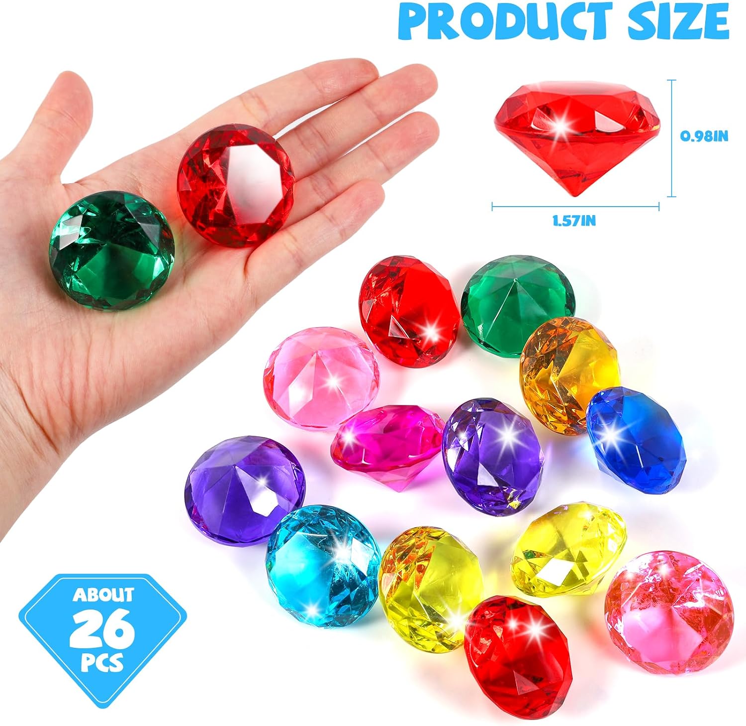 Niceup 26pcs Large Diving Gems Fake Plastic Gemstones Diamond Toys for Kids Girls Princess Pirate Mermaid Party Favors Bag Treasure Hunt Toy - 1.57in Assorted Colors