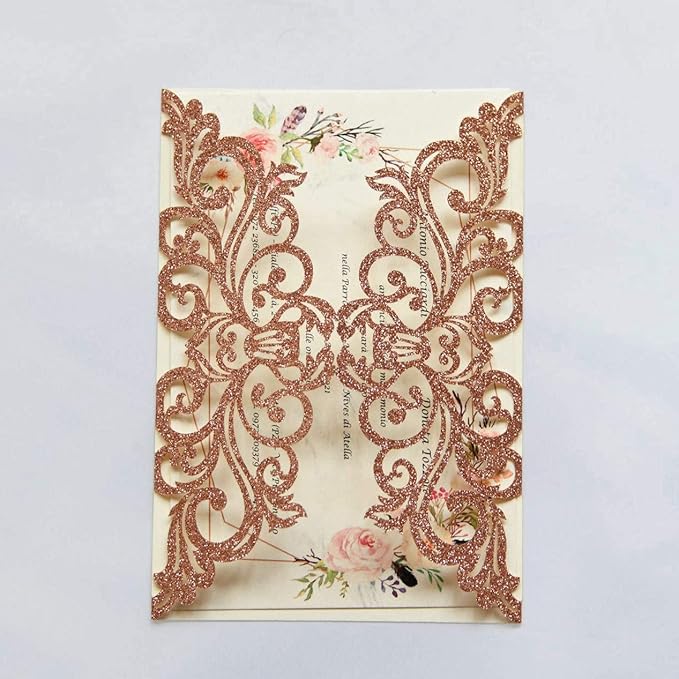 25PCS Rose Gold Laser Cut Wedding Invitations Cards with Envelopes,Blank Inner Sheets,Ribbons for Wedding Bridal Shower Quinceañera Engagement Birthday Invites, rose gold glitter
