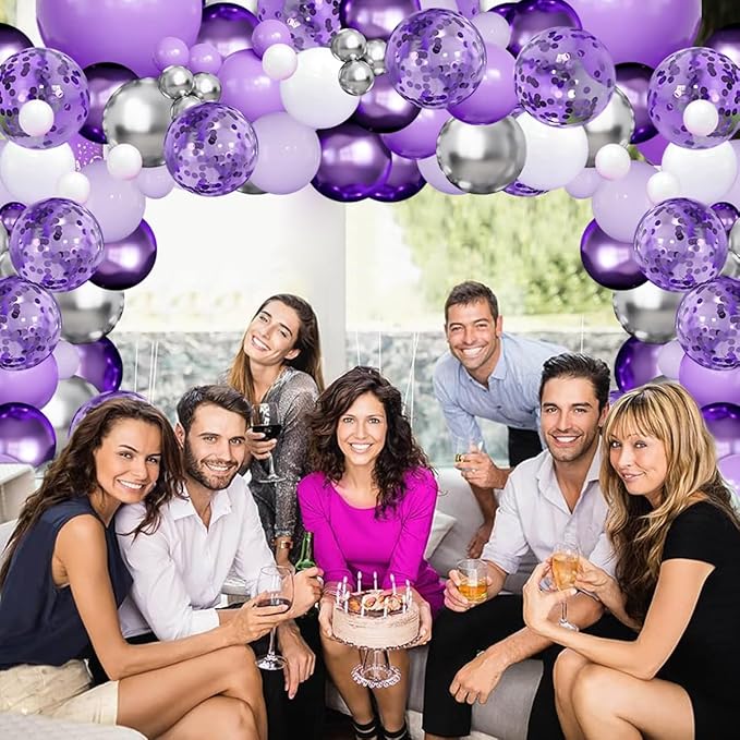Purple Balloons Garland Arch Kit,144pcs Lavender Purple Pastel Purple Confetti Balloons with Silver White Ballons for Girl Butterfly Bridal Shower Princess Birthday Wedding Party Decoration