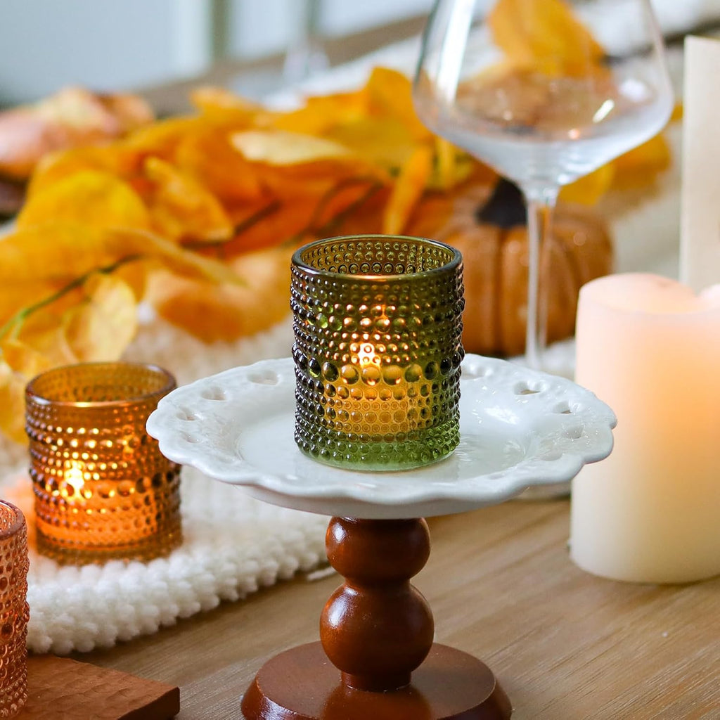 WDHODEC Brown Green Glass Tealight Candle Holders Set of 24 - Hobnail Vintage Votive Holders for Fall, Winter Wedding, Christmas Table Centerpiece Decor