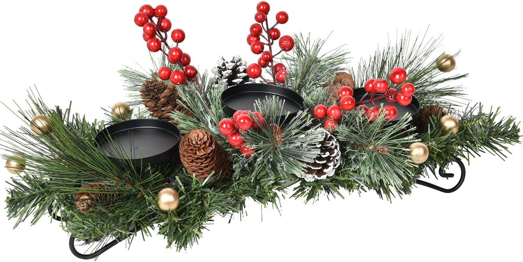 Lvydec Christmas Candle Holder Centerpiece - Pine Cones and Red Berry Table Centerpiece with 3 Candle Holders for Festival Table Home Decoration