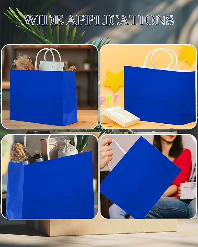 qiqee 100PCS Large Gift Bag with Handles Bulk 13"x4.5"x10" Gift Bags Diamond Blue Multiple Uses (32x11x25cm,Wide Large)