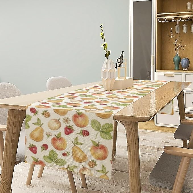 Vintage Spring Summer Fruit Table Runner Watercolor Pear Strawberry Leaves Dinner Runner for Farmhouse Party Holiday Home Kitchen Dining Table Decor 13x90