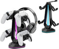 Saitake RGB Headset Stand with 9 Light Modes,Controller Holder for Desk with 2 USB Charging Ports,Suitable for All Headphones and Controllers,Can Simultaneously Place 1 Headset and 4 Controllers