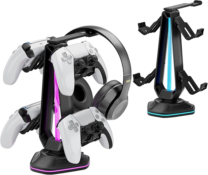 Saitake RGB Headset Stand with 9 Light Modes,Controller Holder for Desk with 2 USB Charging Ports,Suitable for All Headphones and Controllers,Can Simultaneously Place 1 Headset and 4 Controllers