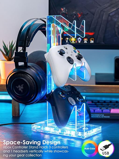 OAPRIRE Headset and Controller Stand with Lights, 3 Tier Acrylic Game Controller Holder, Controller and Headset Stand for Desktop,Universal Design Compatible with PS5/PS4/XBOX/SWITCH (Clear)