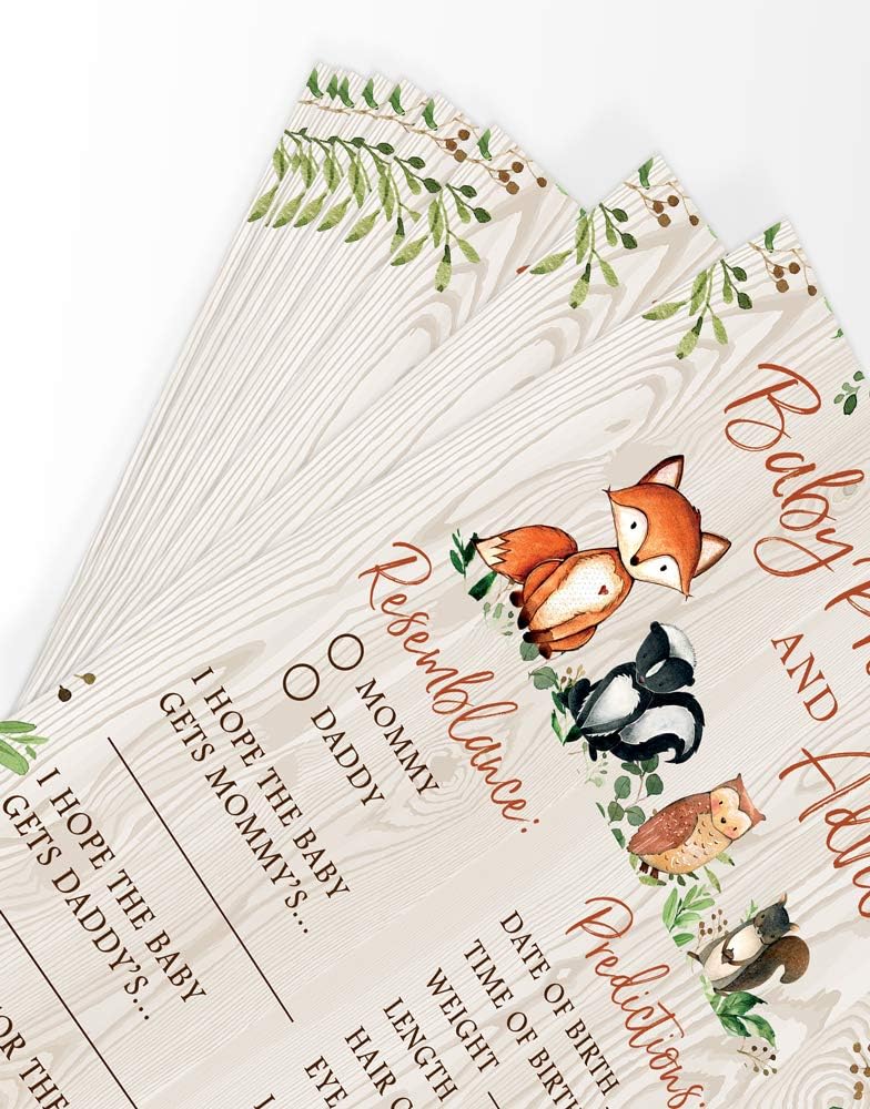 Printed Party Baby Predictions & Advice for New Parents – Woodland Baby Shower Activity, Set of 50 Cards, Gender Neutral Forest Animals Theme