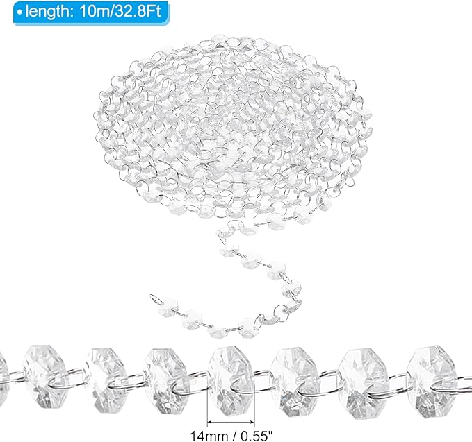 PATIKIL 14 mm Crystal Garland Strands, 32.8 Ft Acrylic Octagon Chandelier Bead Chains String for DIY Craft Wedding Party Home Decorative Jewelry Making, Clear