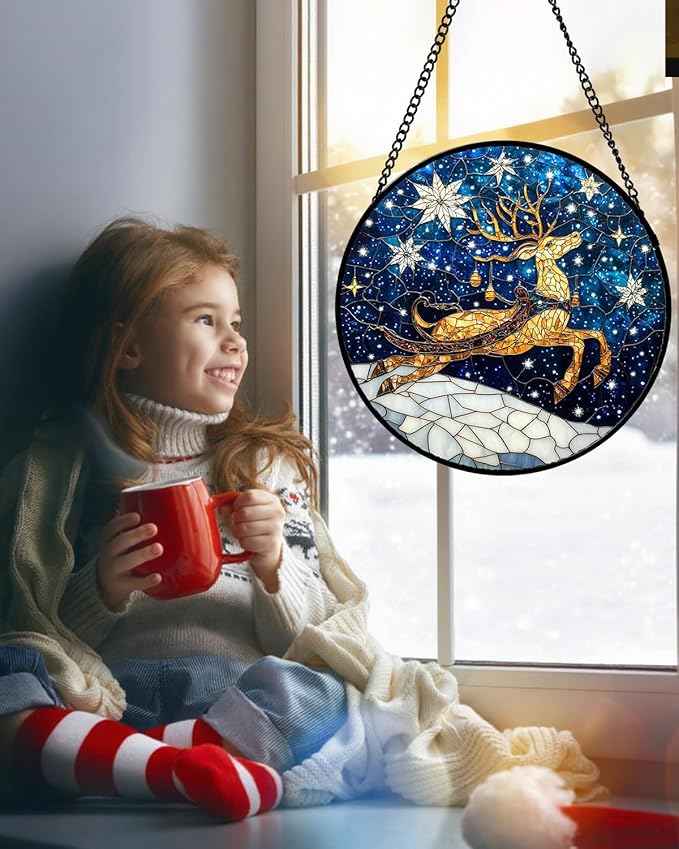Stained Glass Window Hanging - Reindeer Blue Starry Sky Suncatcher for Doors Home Christmas Decoration Winter Sun Catcher Thanksgiving New Year Birthday Gifts for Women Men Mom Nana 9.8 in