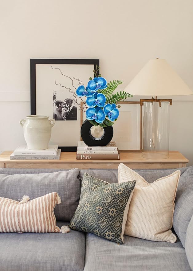 Briful Blue Orchid Fake Flowers with Black Vase, 16.1'' Artificial Orchid Silk Flowers Faux Orchid Arrangement for Home Office Room Table Centerpiece Modern Decoration