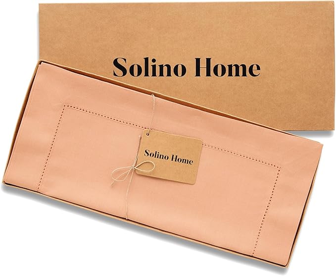Solino Home Cotton Linen Table Runner 60 Inches - Peach Bloom Hemstitch Table Runner 14 x 60 Inch Ideal for Dresser and Coffee Tables