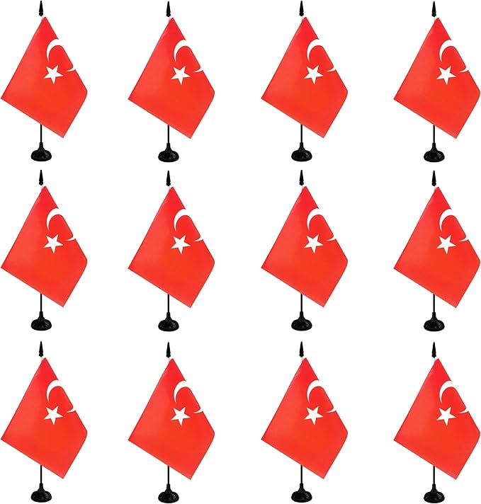 Turkey Desk Flag, 12 Pack Turkish Table Office Flag with Black Solid Pole and Stand Base, International Country Flag, Festival Celebration, Classroom Meeting Desktop Decor (Turkey)