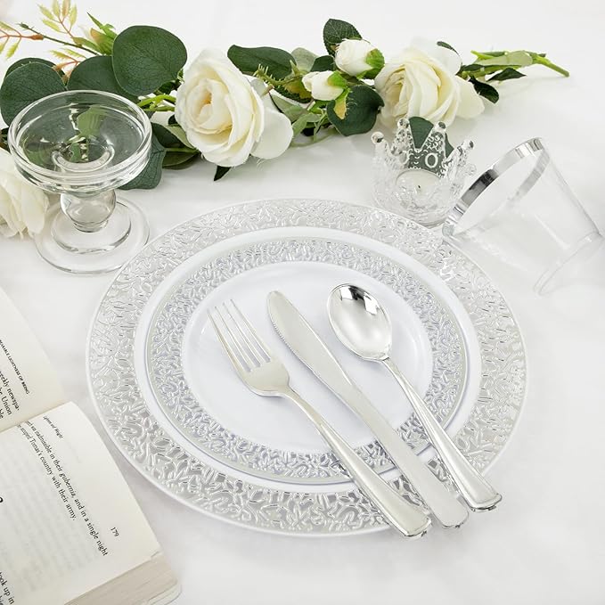 WELLIFE 350pcs Silver Party Dinnerware Set for 50 Guests, Silver Wedding Plates Disposable Heavy Duty, Including :50 Dinner Plates, 50 Dessert Plates, 50 Cups, 50 Napkins, 50 Sliver Silverware Set
