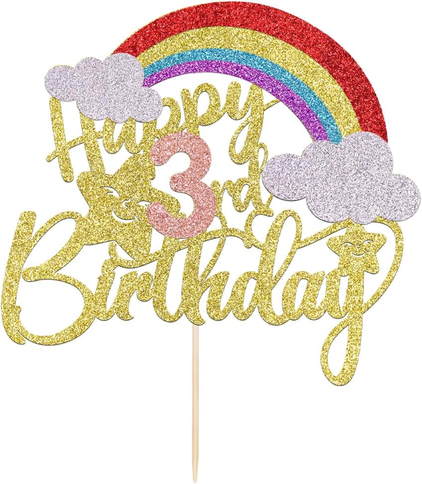 Rainbow Happy 3rd Birthday Cake Topper,Rainbow Themed 3rd Birthday Cake Decorations,Baby Shower,Boho Boy Girl Birthday Party Supplies