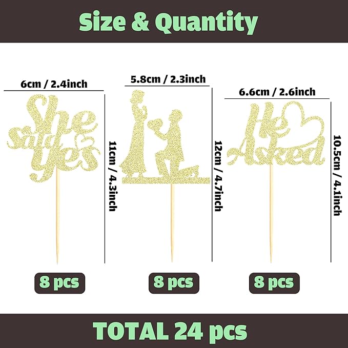 Sotpot 24PCS He Asked She Said Yes Cupcake Toppers With Heart Gold Glitter for Wedding Bridal Shower Wedding Engagement Party Cake Decorations