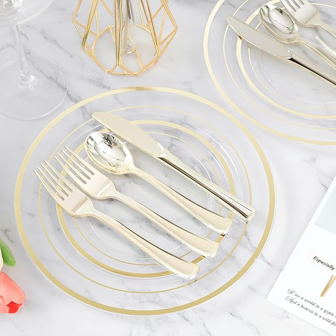 300PCS Clear Gold Plastic Plate Set (50 Guests), Disposable Dinnerware Set for Party, Wedding, Birthday - 100 Plates, 100 Forks, 50 Spoons, 50 Knives for Christmas, Thanksgiving