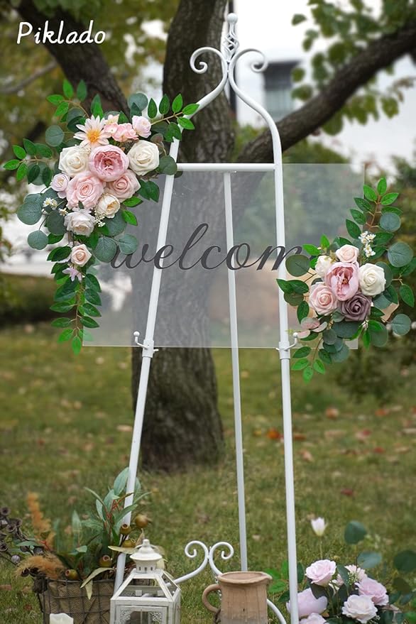 Faux Flower Swag Set of 2 for Wedding Welcome Signs Floral Swag Wedding Reception Ceremony Signs Decor (Pink)