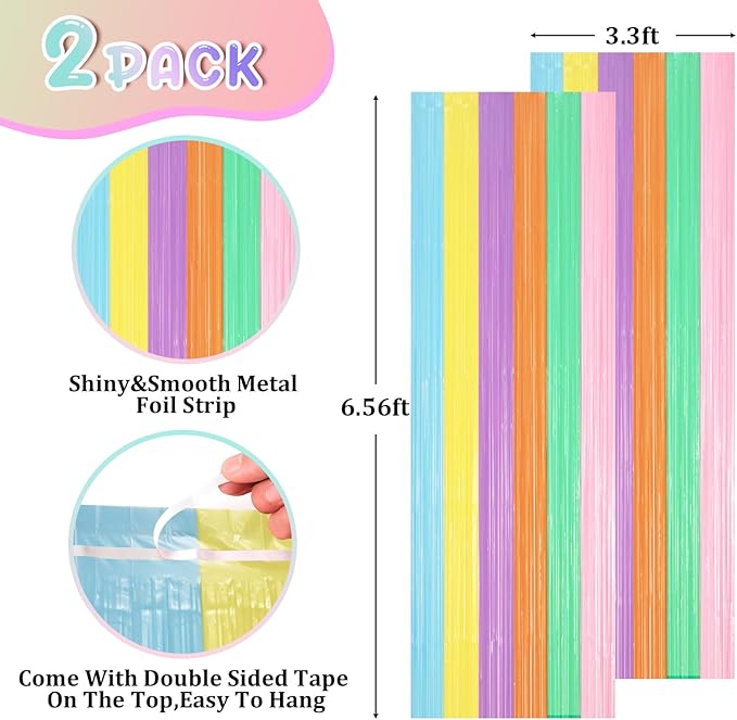 2 Pack Pastel Rainbow Foil Fringe Backdrop Curtains, Tinsel Streamers Party Decorations, Fringe Backdrop, Door Shimmer for Baby Shower or Birthday Party