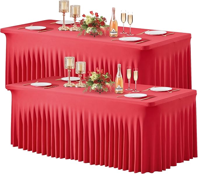 2 Pack Red Spandex Table Clothes for 8 Foot Rectangle Tables, 8FT Wrinkle Free Fitted Tablecloths Ruffles Design Stretch Table Cover for Party, Banquet, Wedding and Events