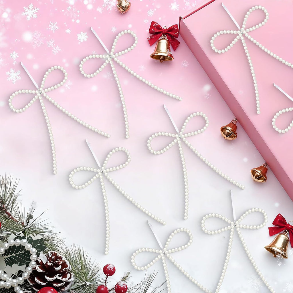 12 Pcs White Pearl Bow Ornaments for Christmas Tree Decorations Pearl Christmas Ornaments Hanging Christmas Tree Toppers for Xmas Gift Packaging Home Wreath Fireplace Fence Wedding Holiday Party Decor