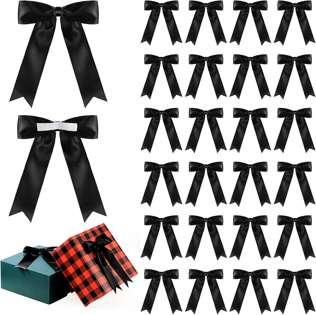 Riceshoot 24 Pcs Black Satin Ribbon Bows 5x7'' Self Adhesive Stick on 1.57 Inch Wide Premade Satin Bows with Double Sided Tape for Gift Wrapping Balloons Crafts Wedding Birthday