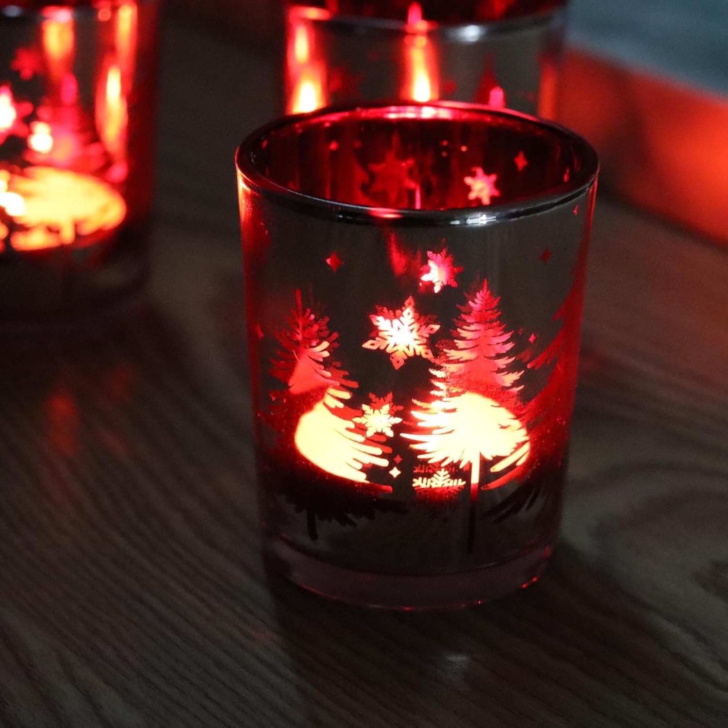 Christmas Candle Holders 12PCS, Silver Red Votive Tealight Candle Holders with Carved Christmas Trees for Xmas Table Centerpiece Decor