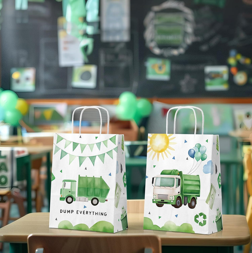 HaPiBiDesign Garbage Truck Party Favor Bags, 24 Pack Garbage Truck Goodie Bags with Handles, Garbage Truck Gift Bags, Garbage Truck Treat Bags for Kids Birthday Party, Garbage Truck Party Supplies