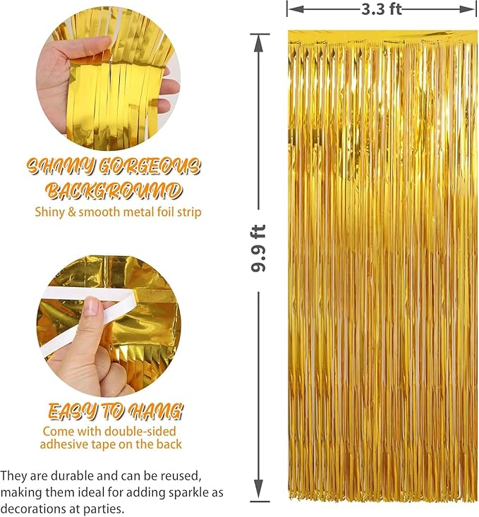 Crosize 8 Pack 3.3 x 9.9 ft Gold Foil Fringe Curtains Party Decorations, Gold Tinsel Curtain Backdrop for Parties, Door Streamers, Glitter Streamer Backdrop for Birthday Decoration