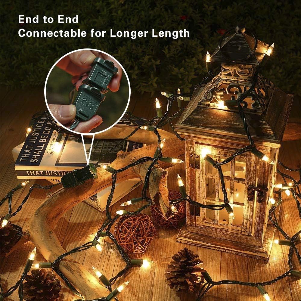 Hopolon 2 Pack Warm White Christmas Lights, 50-Count Green Wire | 13FT incandescent mini light with clear bulbs, plug in 120V, connectable for Christmas tree, wedding, bedroom, porch decor