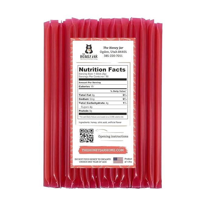 The Honey Jar Watermelon Flavored Honey Sticks - Pure Honey Straws For Tea, Coffee, or a Healthy Treat - One Teaspoon of Flavored Honey Per Stick - Made In The USA with Real Honey - (50 Count)