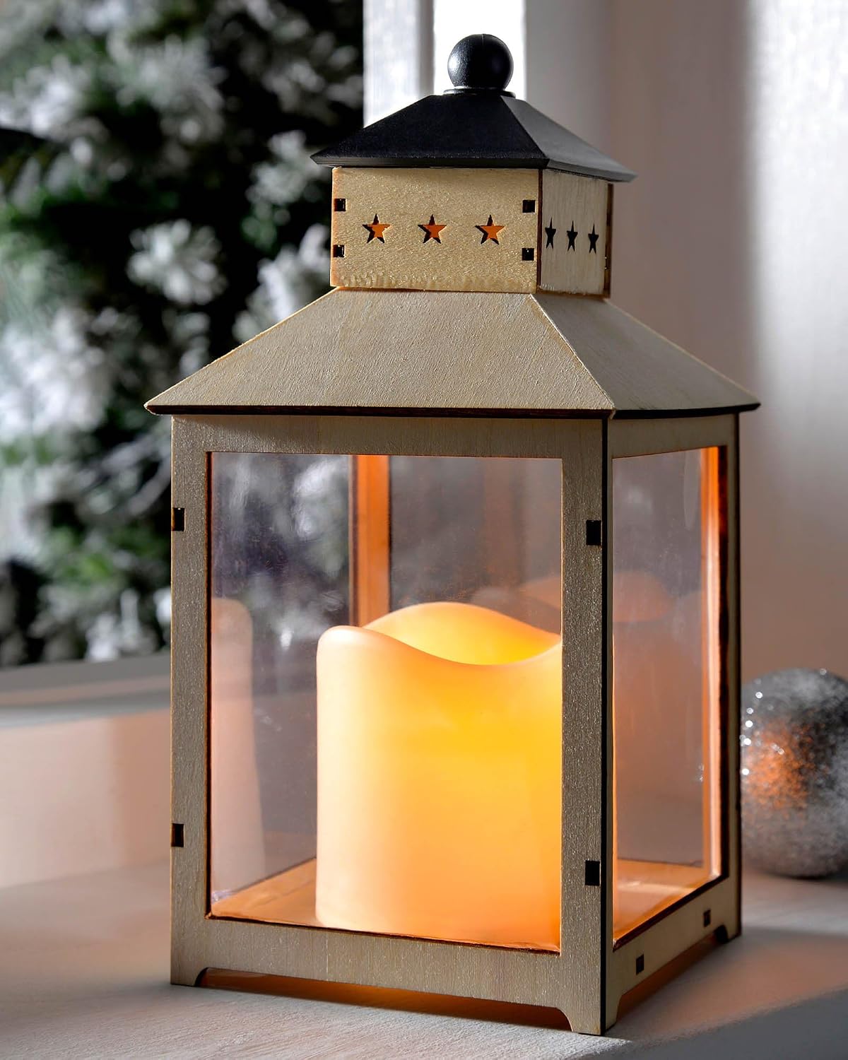 Pre-Lit Wooden Lantern with Flickering LED Candle Christmas Decoration - 21.5 x 12 x 12 cm, Multi-Colour