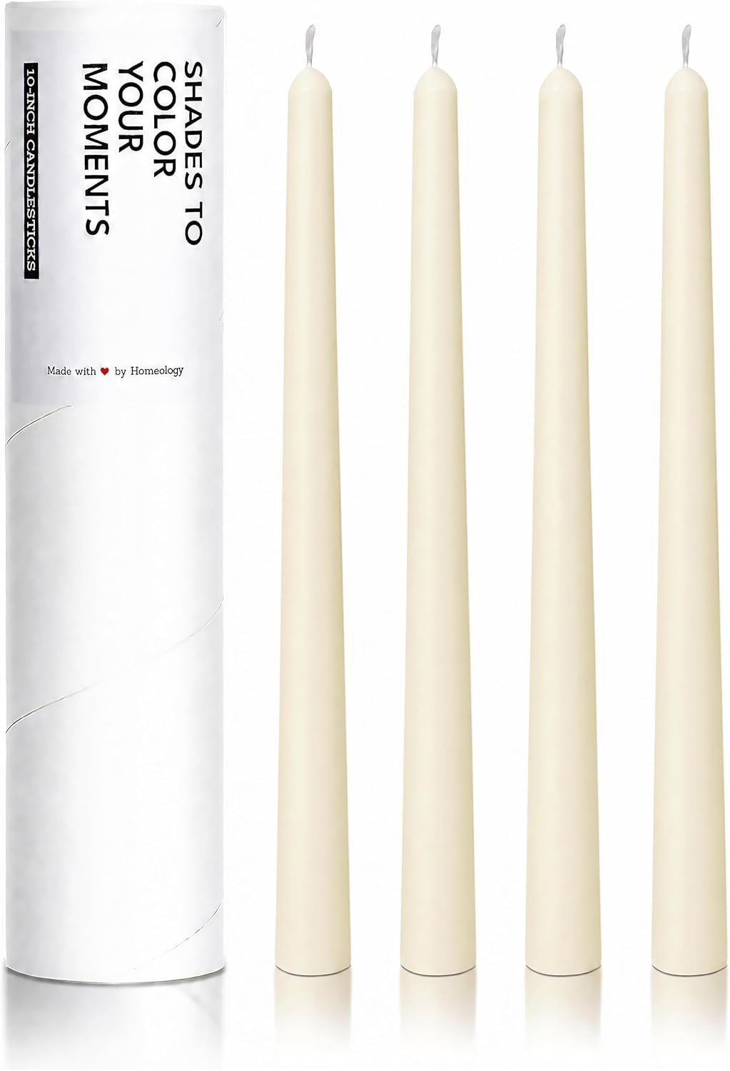 10" Classic Taper Candles, Ivory, 4-Pack, 7-8 Hours Long Burning, Unscented Tall Candlesticks