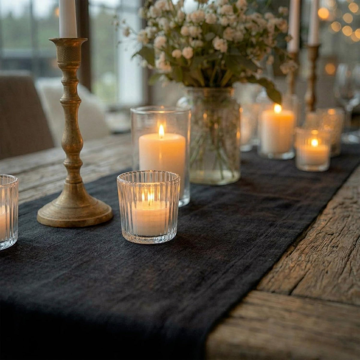 Solino Home 100% Pure Linen Table Runner Black, Diana 14 x 108 in