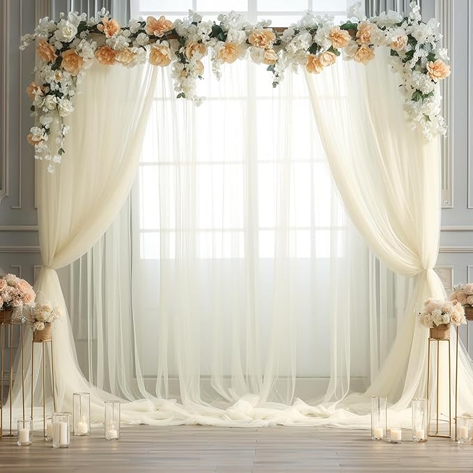 Ivory Tulle Backdrop Curtain for Wedding Parties 10ft x 10ft Sheer Backdrop Curtains for Bridal Shower Birthday Baby Shower Photo Shoot Background Decorations 2 Panels 5ft x 10ft