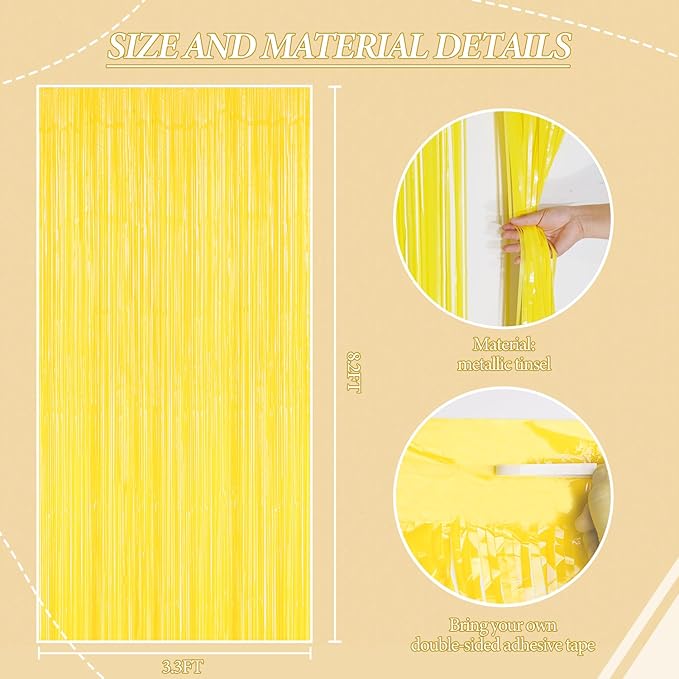 3 Pack Foil Fringe Backdrop - Pastel Yellow Shiny Tinsel Curtains for Party Decoration/Photo Booth Props - 3.3x8.2 FT Metallic Foil Backdrop for Birthday, Wedding, Graduation, Christmas.